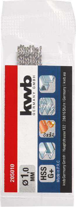 Ein Set von zehn kleinen Metallbohrern der Marke kwb, Durchmesser 1,0 mm, in einer transparenten Kunststoffverpackung.