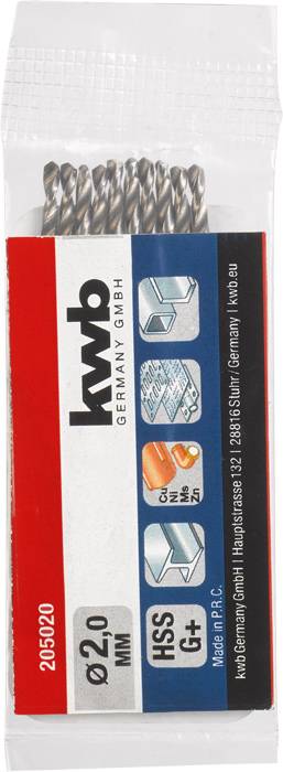 Verpackung mit Bohrern, Größe 2.0 mm, geeignet für Metall. Marke: kwb Germany. Enthält Symbole für verschiedene Materialien.