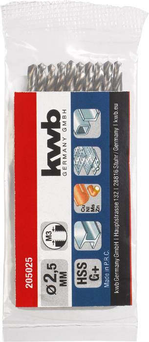 Verpackung mit HSS-Bohrern, 12 Stück, Größe Ø2,5 mm. Geeignet für Metall, prominent auf rotem und blauem Hintergrund.