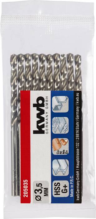 Bohrer-Set von KWB, bestehend aus acht Metallbohrern mit einem Durchmesser von 3,5 mm. Verpackung zeigt Infos zu Material und Anwendung.