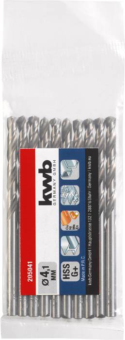 Packung mit HSS-Bohrern der Marke kwb, Durchmesser 0,4 mm. Verpackung zeigt Logos für Materialverträglichkeit und Qualität.