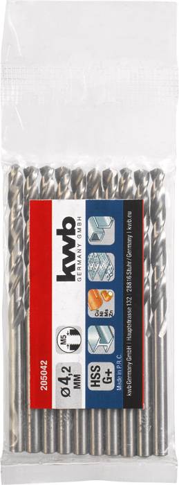 Eine Verpackung mit mehreren Metallbohrern, gekennzeichnet mit 'kwb Germany Ø4.2mm, HSS G+'.