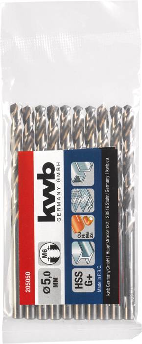 Ein Satz Metallbohrer in der Originalverpackung, gekennzeichnet mit 'kwb Germany GmbH' und 'HSS G+', geeignet für Metallarbeiten.