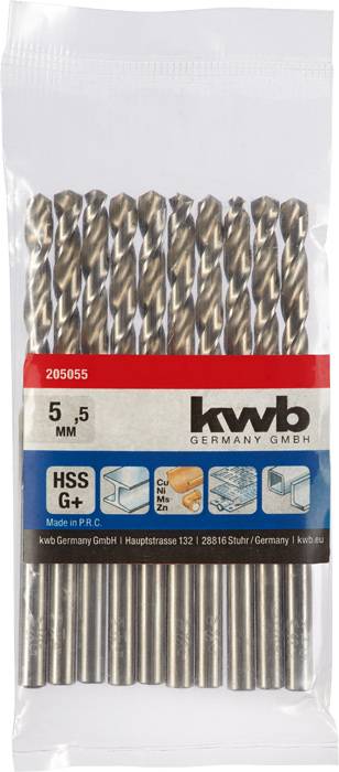 Satz von 10 Metallbohrern, 5,5 mm, HSS, in Verpackung von kwb Germany. Verpackung beschreibt Anwendungsbeispiele: Metall, Holz, Kunststoff.