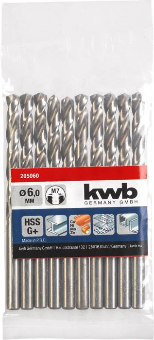 Packung mit zehn Metallbohrern von kwb, 6,0 mm Durchmesser, geeignet für Holz, Metall und Kunststoff. HSS G+ Qualität.