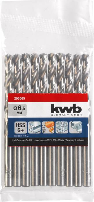 Verpackung mit 10 Metallbohrern, Größe 6,5 mm, Marke kwb Germany GmbH. Etikett zeigt Details wie Material und Einsatzgebiete.