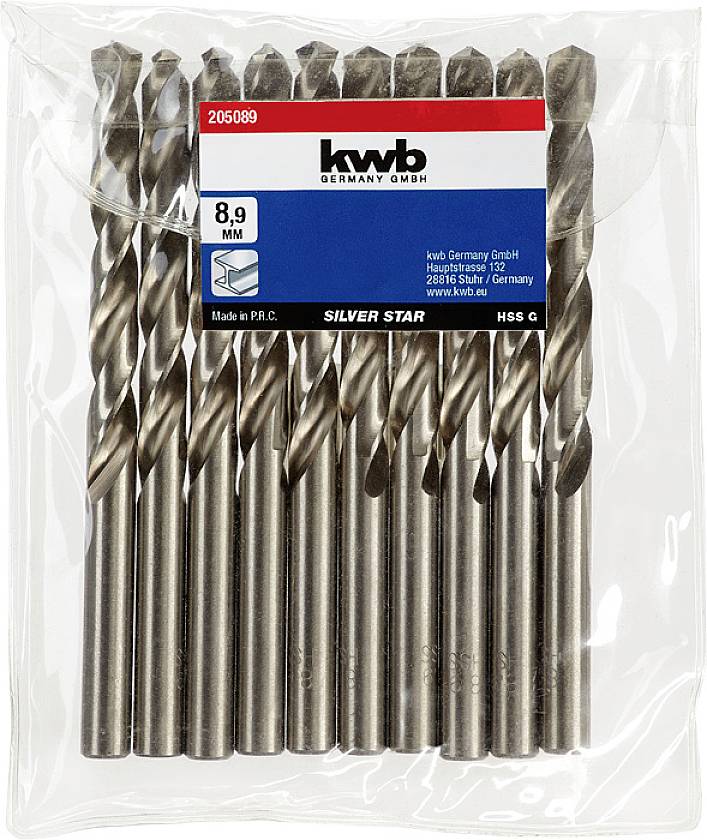 Ein Set von 10 Metallbohrern, 8,9 mm, in einer klaren Plastiktüte mit einem rot-blau-weißen Etikett der Marke KWB.
