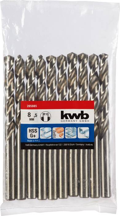 Metallbohrer-Set von 'kwb' mit 8,5 mm Durchmesser, 10 Stück. Verpackung zeigt Produktspezifikationen und Herstellungsinformationen.