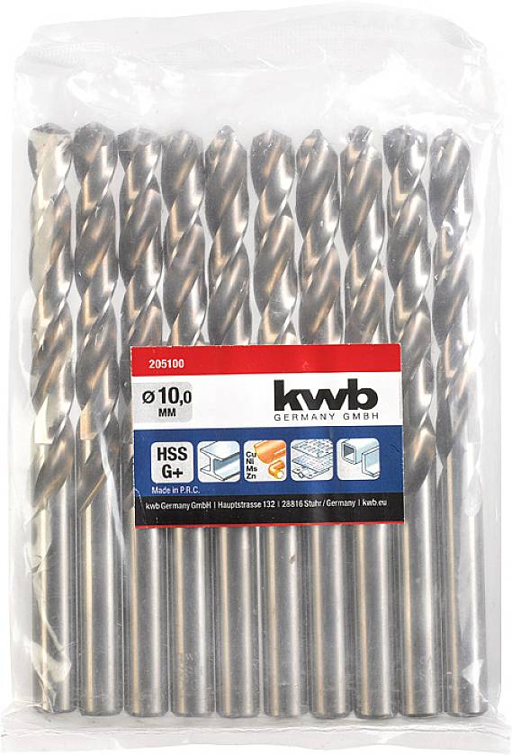 Ein Set von Metallbohrern in einer Plastikverpackung. Auf der Verpackung steht '10,0 mm HSS' und das Herstellerlogo ist sichtbar.