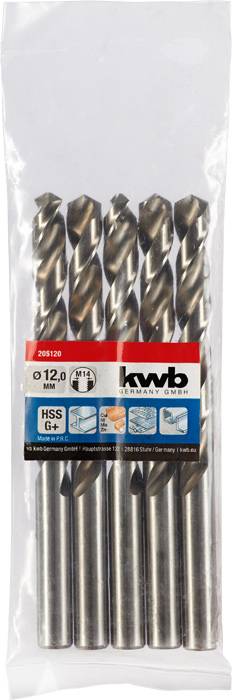 Verpackung mit fünf Metallbohrern, Marke 'kwb', Größe 12,0 mm. Geeignet für präzises Bohren in Metall.