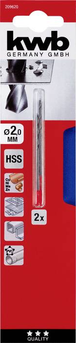 'kwb Bohrer 2.0 mm' Verpackung zeigt einen Metallbohrer. Geeignet für Holz, Metall und Plastik. Inklusive 2 Stück.