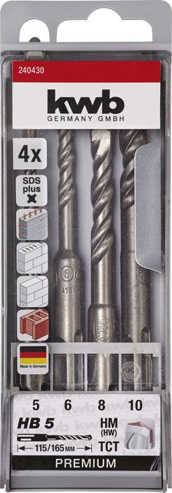 'kwb' Bohrer-Set mit SDS-Plus-Aufnahme, 4 Stück in verschiedenen Größen (5, 6, 8, 10 mm), geeignet für Beton, Mauerwerk und Stein.
