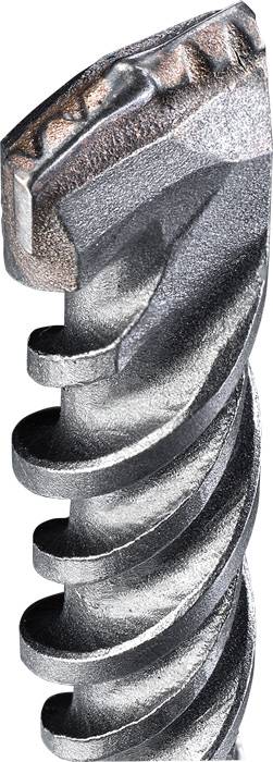 Ein Detailbild eines Metallbohrers mit spiralförmiger Klinge und geschärfter Spitze, geeignet für harte Materialien wie Beton oder Metall.