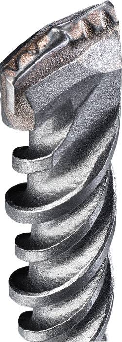 Nahaufnahme einer silbernen Bohrerspitze mit spiralförmigem Schaft und gezahntem Kopf für Metall- oder Betonarbeiten.