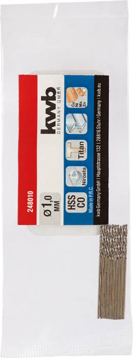 Verpackung mit Bohrer-Set, 1,0 mm, Marke 'kwb', geeignet für Metallbearbeitung. Enthält HSS-, Titan- und Cobalt-Optionen.