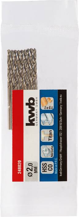 Eine Packung mit 10 Metallbohrern der Marke 'kwb', Ø2,0 mm, HSS-Co, Titannitrid-beschichtet, geeignet für Edelstahl und Stahl.