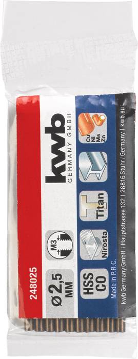 Bohrer-Set von kwb; enthält Titan-beschichtete HSS-Bohrer, Durchmesser 0,25 mm. Verpackung zeigt Herstellerinformationen und Logo.