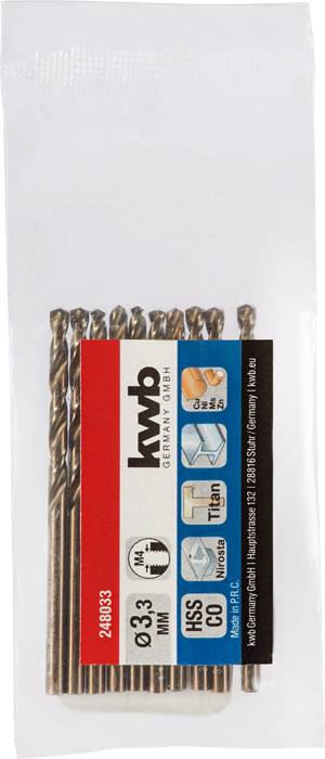 Mehrere Metallbohrer in einer durchsichtigen Verpackung mit einem Etikett, das verschiedene Größen und Materialien der Bohrer auflistet.