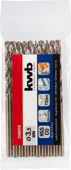 Bohrer-Set aus Titan beschichtet, Durchmesser 3,5 mm, geeignet für Metallbearbeitung, enthält 8 Stück, Verpackung von kwb Germany.