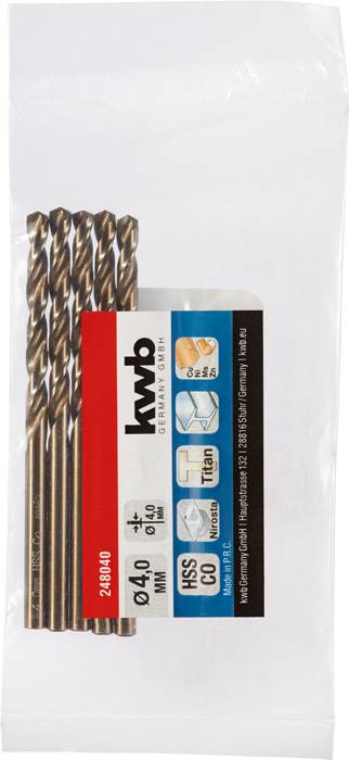 Bohrer-Set, 4 mm, HSS-Co-Material, bronze, Marke KWB. Verpackung zeigt Logo und Produktspezifikationen.