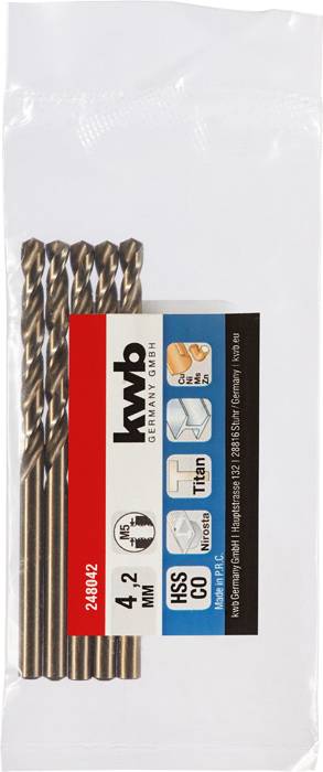 Verpackung mit fünf 4,2 mm Bohrern aus Titan, Marke 'kwb Germany'.