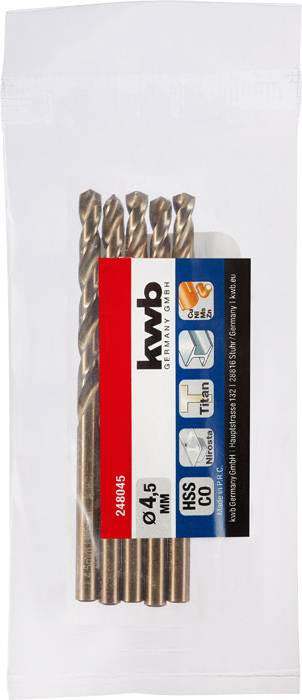 Verpackung mit fünf Bohrern der Marke 'kwb Germany'. Die Bohrer sind 4,5 mm groß und für Metall geeignet. HSS-Co-Qualität.