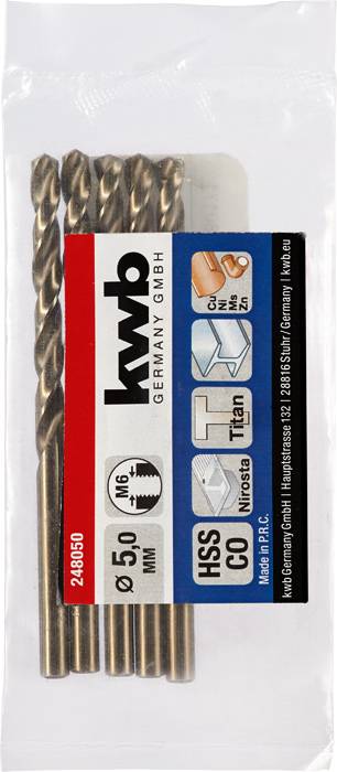 Bohrer-Set in Verpackung, 5 mm Durchmesser, HSS-Co, geeignet für Edelstahl, Titan und Nirosta. Marke: KWB.