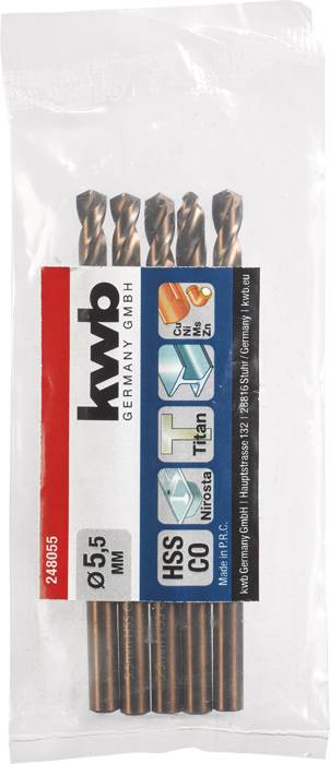Fünf Metallbohrer mit HSS TiN-Beschichtung von 'kwb Germany', 5,5 mm Durchmesser. Verpackung zeigt Markenlogo und wichtige Spezifikationen.