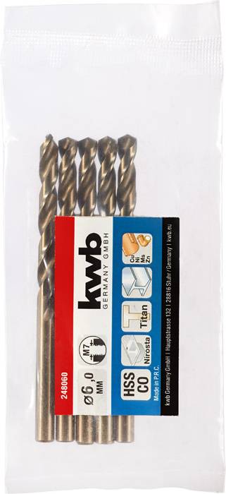 Vier Metallbohrer der Marke kwb, Ø 6,0 mm, geeignet für Metall, aus HSS-Co mit Titanbeschichtung.