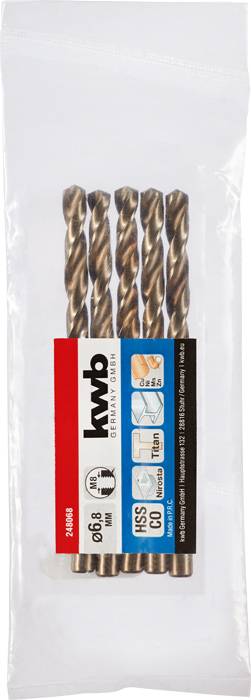 Verpackung mit vier Metallbohrern aus HSS-Co Stahl, Marke 'kwb', Größe 6,8 mm. Geeignet für präzises Bohren in Metall.