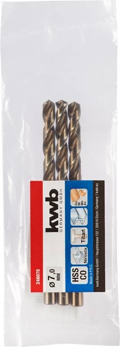 Drei Metallbohrer aus HSS mit einem Durchmesser von 7,0 mm, verpackt in einer durchsichtigen Kunststofftüte. Marke: kwb.