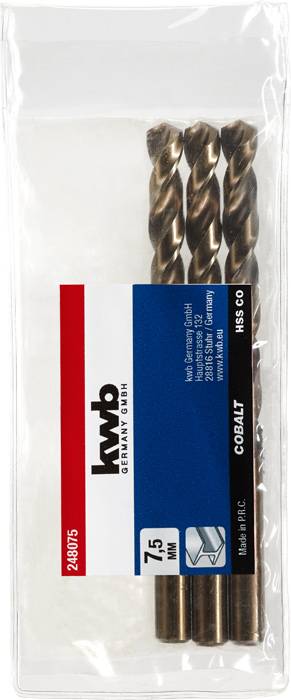 Drei HSS CO Kobalt-Bohrer, 7,5 mm, in transparenter Verpackung mit kwb-Logo und Produktinformationen auf blauem Etikett.