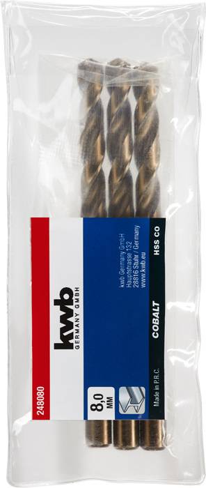 Verpackung mit drei Kobalt-Bohrern, 8.0 mm Durchmesser, Marke KWB. Text auf der Verpackung: Made in P.R.C., HSS Co-Kennzeichnung.