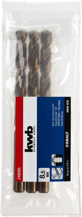 Drei Bohrer aus Kobalt von kwb Germany in einer transparenten Verpackung. Größe: 8,5 mm. Geeignet für Metallbohrungen.