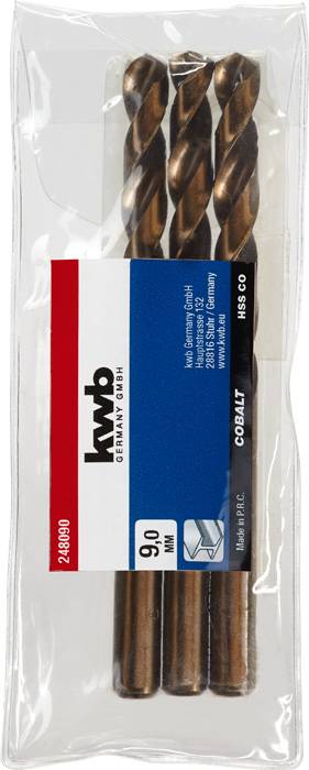 Drei Kobalt-Bohrer der Größe 9,0 mm in einer durchsichtigen Verpackung, Markenname und Herstellerinformationen auf dem Etikett.