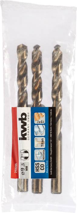 Drei HSS-Co-Metallbohrer, Größe 9,5 mm, verpackt in einer durchsichtigen Kunststoffhülle mit rotem und blauem Etikett.