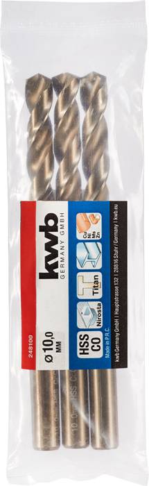 Drei Bohrer mit Verpackung, Marke 'hwb', Durchmesser 10 mm, aus HSS-CO-Material, für Metallbohrungen, hergestellt in Deutschland.