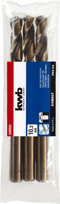 Drei Kobalt-Bohrer der Marke kwb, 10,2 mm Durchmesser, HSS-Co Material, in einer Plastikverpackung mit Produktdetails und Logo.