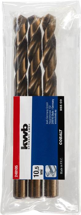 Drei HSS-Co Kobalt-Bohrer, 10,5 mm, in einer transparenten Verpackung. Markenname und Herkunftsland auf dem Etikett abgebildet.
