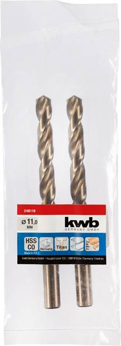 Zwei Metallbohrer mit 11,0 mm Durchmesser in Plastikverpackung. Geeignet für HSS, CO und TiAIN Anwendungen.