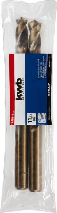 Zwei Metallbohrer im Produktverpackung, Etikett mit Marke 'kwb', Durchmesser 11,5 mm, geeignet für Metallbearbeitung.
