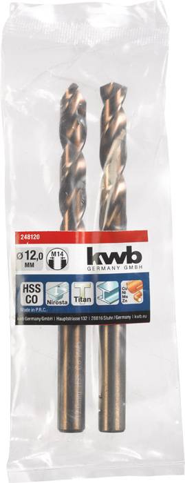 Zwei Bohrer aus Hochgeschwindigkeitsstahl (HSS) in einer Plastikverpackung. Etikett zeigt Marke 'kwb' mit weiteren Produktinformationen.