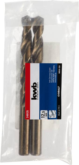 Zwei Metallbohrer in einer durchsichtigen Plastiktüte, Bohrer sind 12,5 mm groß. Verpackung ist mit dem Logo 'hw b, GERMANY GMH' und Produktinformationen versehen.