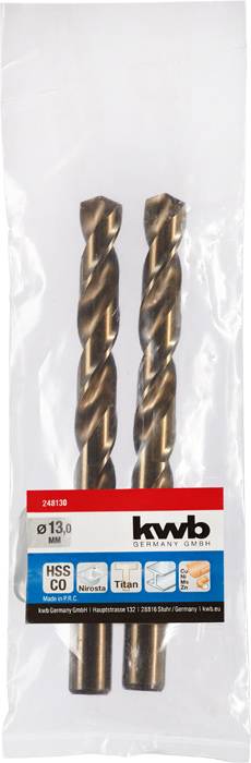 Zwei Metallspiralbohrer verpackt in einer durchsichtigen Plastiktüte. Das Etikett zeigt 'kwb', '13.0 mm', 'HSS Co', und 'Titan'.