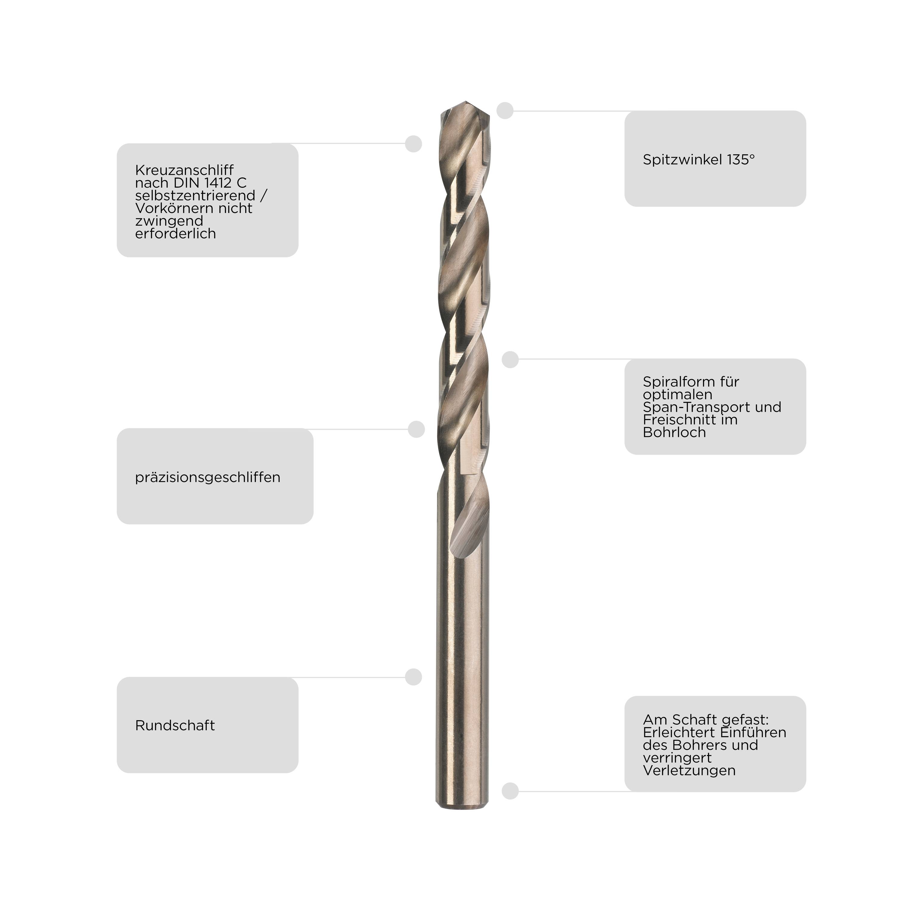 'Bohrer' mit Spiralform zur Spanabfuhr und Spitzwinkel von 135°. Rundschaft und präzisionsgeschliffen für sauberen Bohrloch.