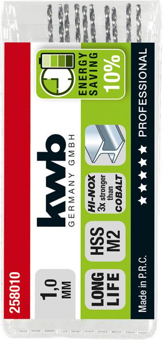 Packung mit 1,0 mm HSS-Bohrern der Marke 'kwb', mit Energieeinsparung und langer Lebensdauer, geeignet für Metall.