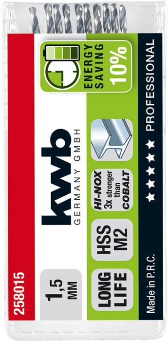 Bohrer-Set-Verpackung von KWB Germany GmbH. Enthält 10 Energiespar-Bohrer, Größe 1,5 mm, 