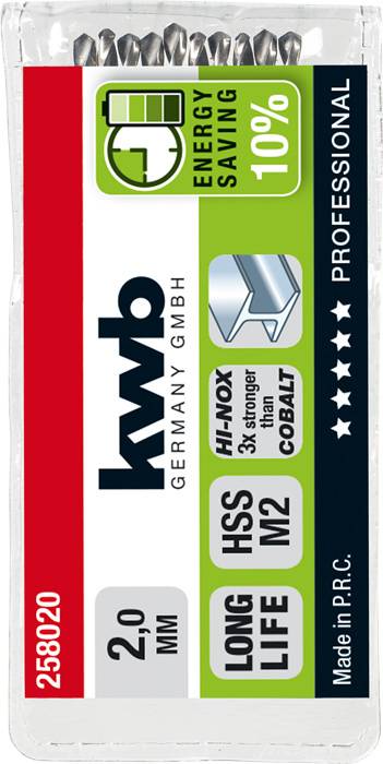 Eine Packung Bohraufsätze von 'kwb Germany GmbH', 2,0 mm, mit Merkmalen wie 'Energy Saving', 'Hi-Nox', 'Long Life', hergestellt in PRC.