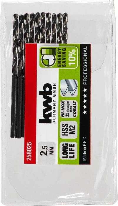 Bohrer-Set, 10 Stück, 2,5 mm, Sparen 10%, HSS, lange Lebensdauer, professionell, hergestellt in PRC, Marke 'kwb Germany GmbH'.