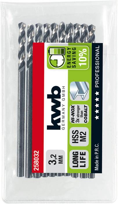 'kwb Germany' Bohrer-Set, 10-teilig, 3,2 mm, HSS, M2, geeignet für Edelstahl, energiesparend, Langzeitnutzung, 10% länger haltbar.